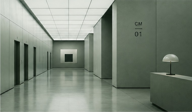 A long, quiet corporate corridor.